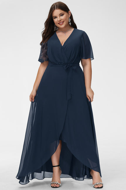 Robe Trapèze Bleu Marine Asymétrique Mousseline - gallery 8