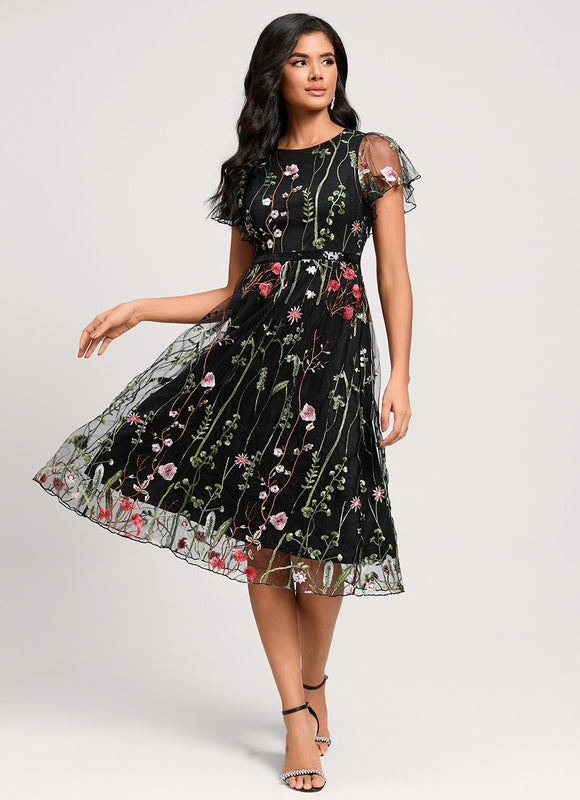 Robe Trapèze Noire À Fleurs - gallery 3