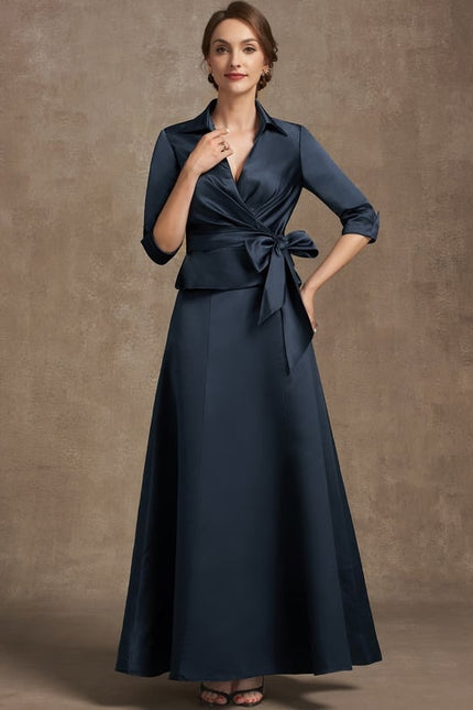 Robe Trapèze Bleu Satiné Longue–Collier Plissé - gallery 2