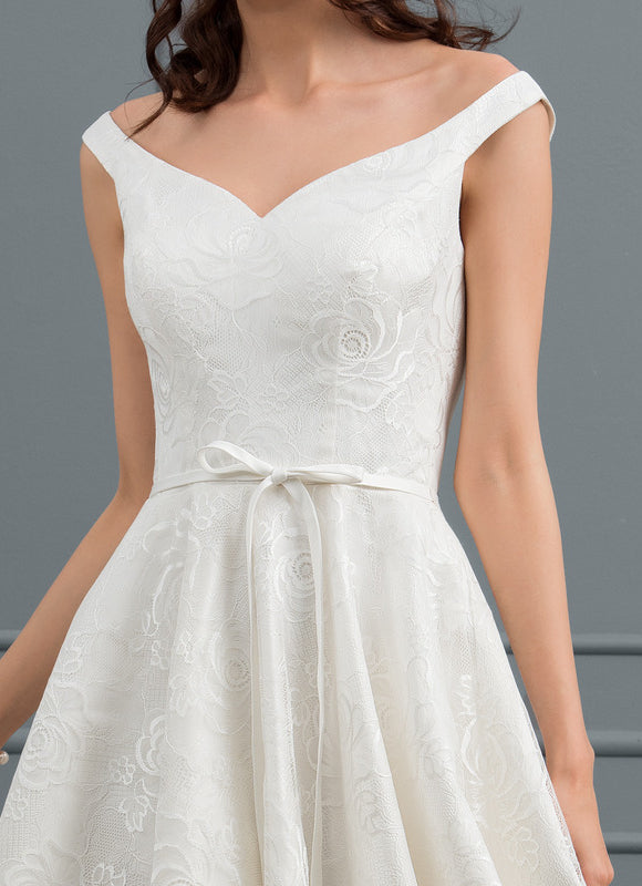 Robe Trapèze Ivoire Dentelle Dentelle Ballgown Avec Nœud - gallery 5