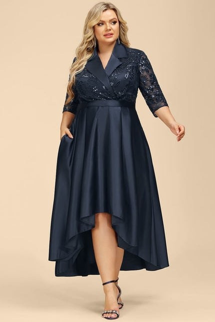 Robe Trapèze Bleue Satin Dentelle Paillettes - gallery 7