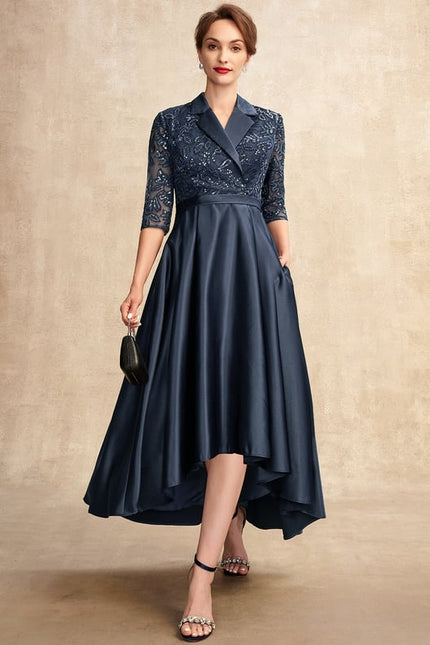 Robe Trapèze Bleue Satin Dentelle Paillettes