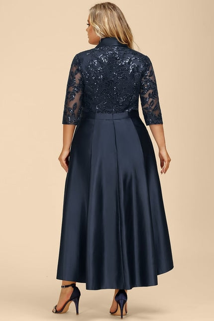 Robe Trapèze Bleue Satin Dentelle Paillettes - gallery 8