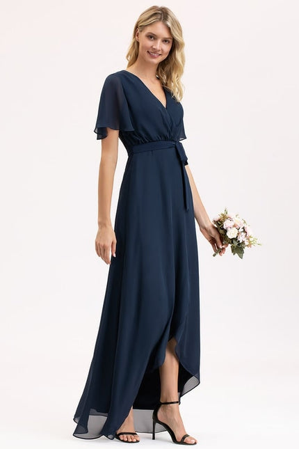 Robe Trapèze Bleu Marine Asymétrique Mousseline - gallery 3