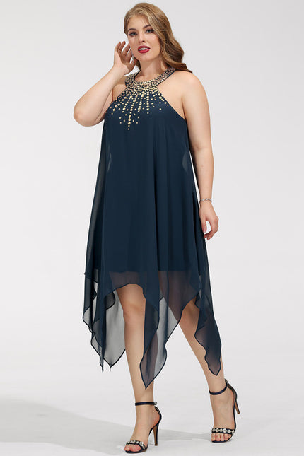 Robe Trapèze Bleue Navy Perlée Asymétrique - gallery 5