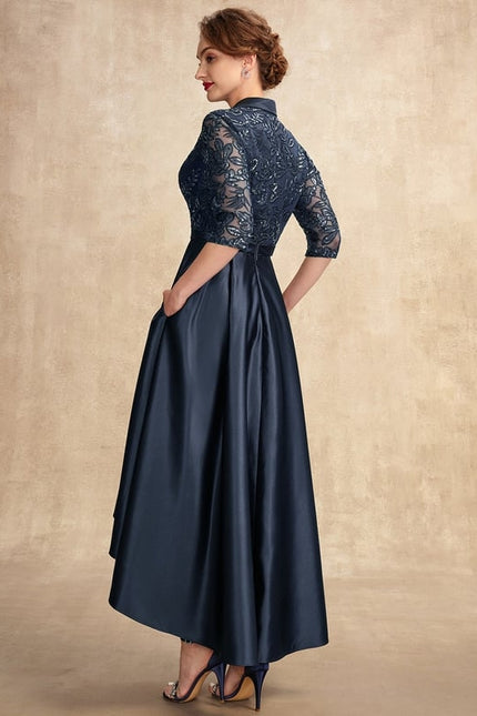 Robe Trapèze Bleue Satin Dentelle Paillettes - gallery 6