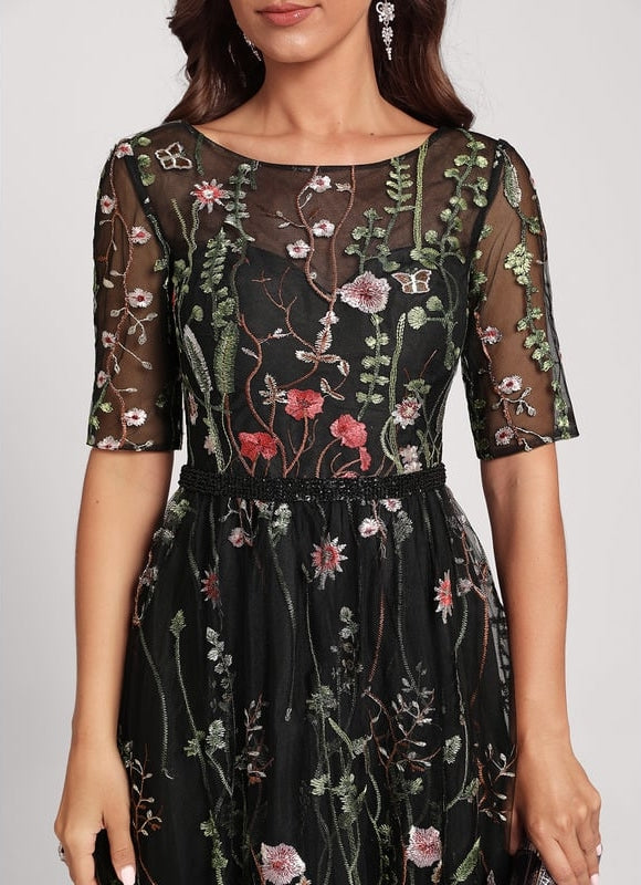 Robe Trapèze Noire À Fleurs - gallery 4