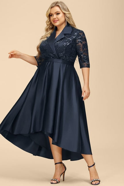 Robe Trapèze Bleue Satin Dentelle Paillettes - gallery 9