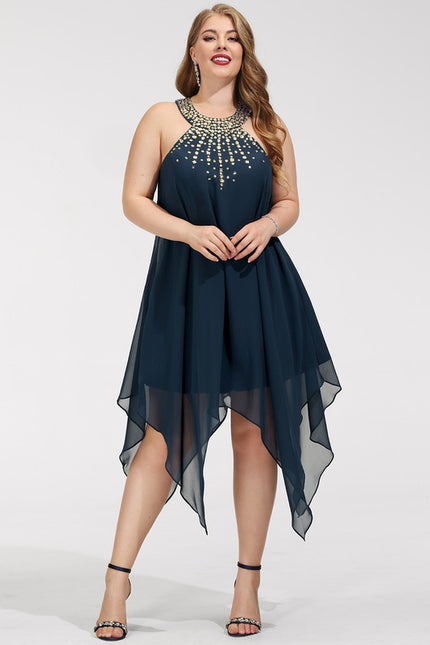 Robe Trapèze Bleue Navy Perlée Asymétrique - gallery 8