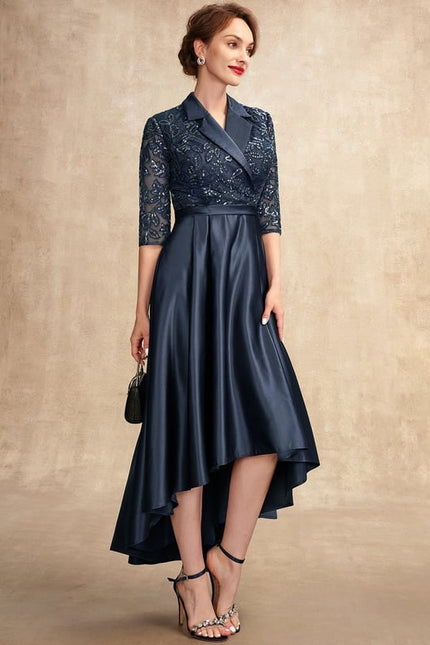 Robe Trapèze Bleue Satin Dentelle Paillettes - gallery 5