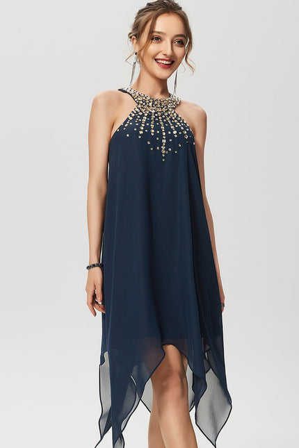 Robe Trapèze Bleue Navy Perlée Asymétrique