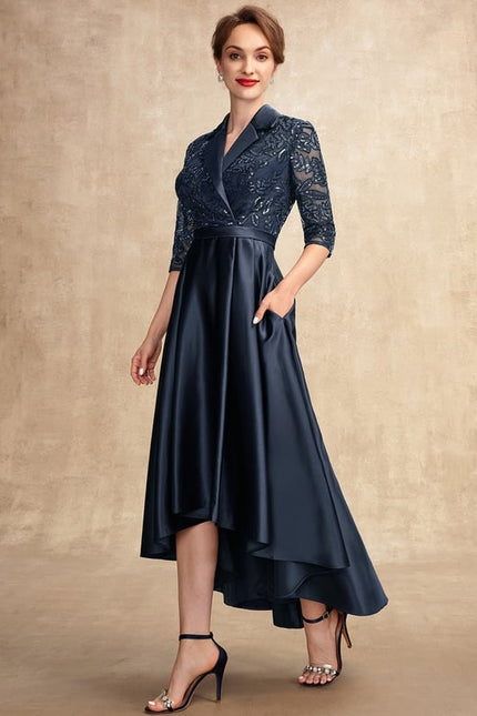 Robe Trapèze Bleue Satin Dentelle Paillettes - gallery 4