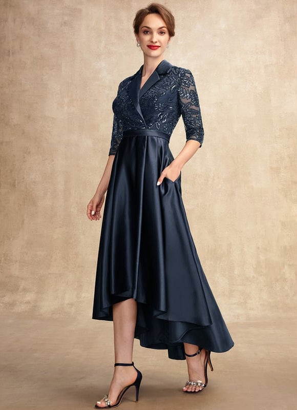 Robe Trapèze Bleue Satin Dentelle Paillettes - gallery 4