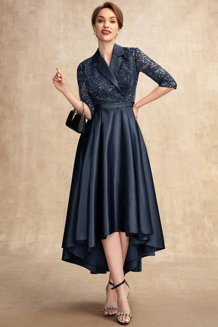 Robe Trapèze Bleue Satin Dentelle Paillettes - gallery 3
