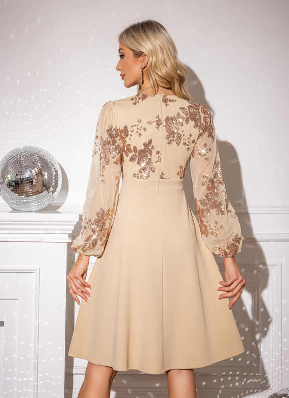 Robe Trapèze Pailletée Beige - gallery 1