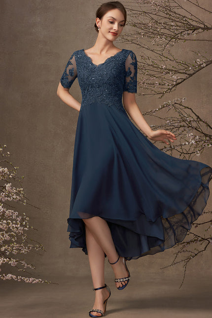 Robe Trapèze Bleu Marine Dentelle Mousseline