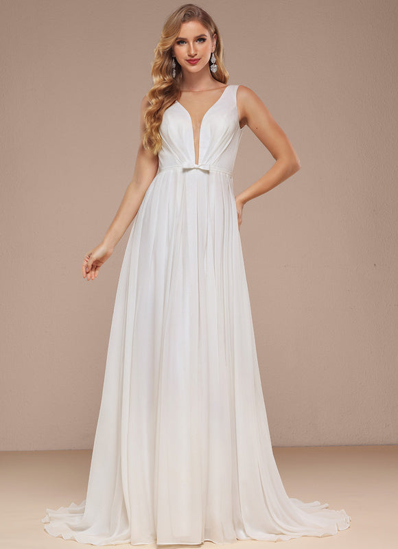 Robe Trapèze Blanche Avec Traîne Balayette - gallery 2