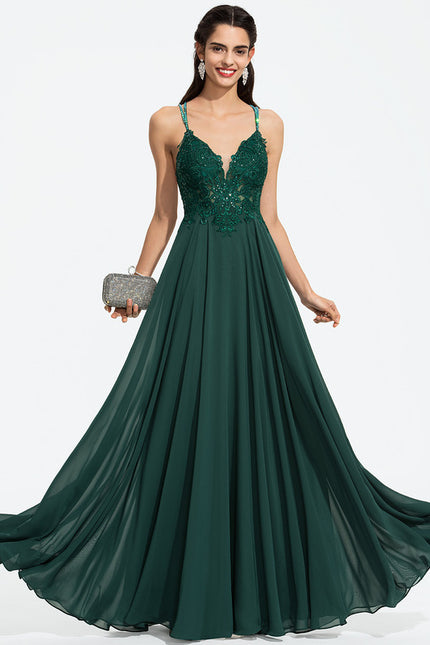 Robe Trapèze Verte En Mousseline Avec Perles Et Paillettes - gallery 6