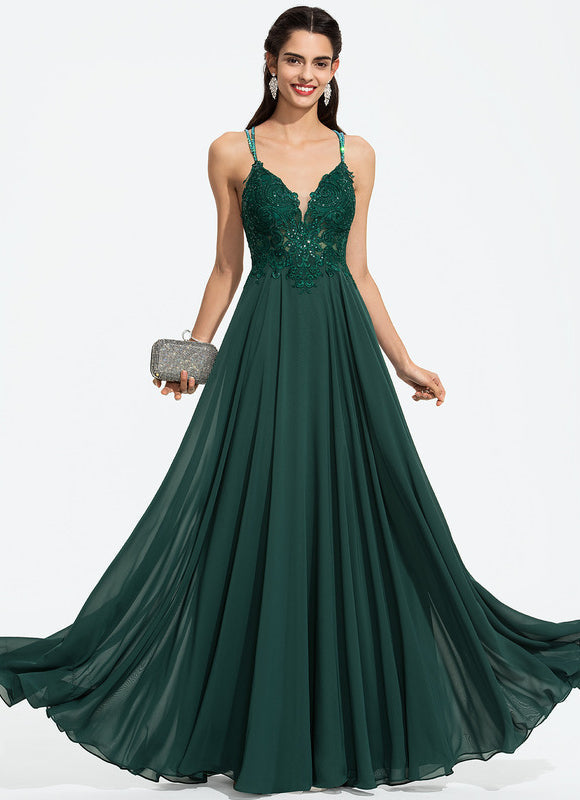 Robe Trapèze Verte En Mousseline Avec Perles Et Paillettes - gallery 6