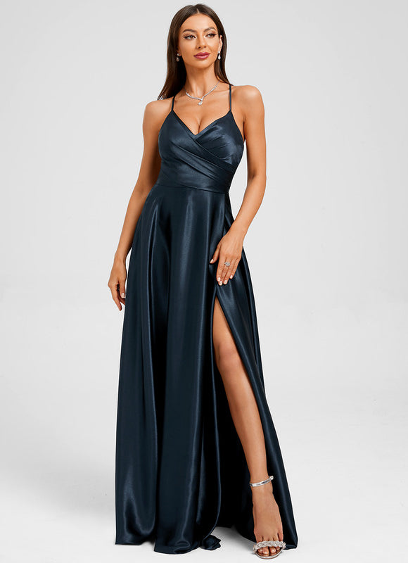 Robe Trapèze Satin Bleu Profond