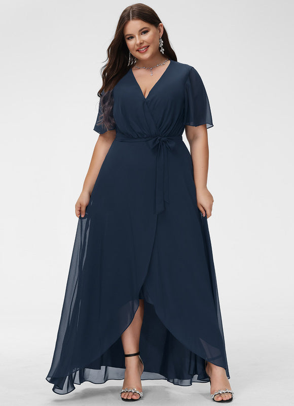 Robe Trapèze Bleu Marine Asymétrique Mousseline - gallery 8