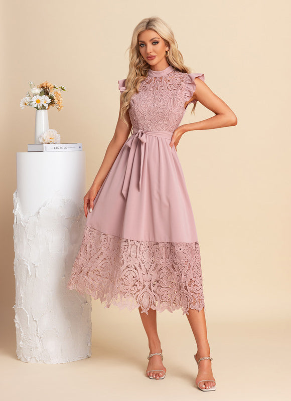 Robe Trapèze Rose Dentelle - gallery 5