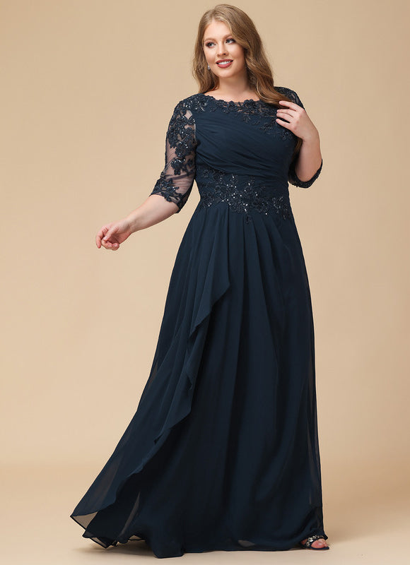 Robe Trapèze Bleue Marine Longue Dentelle - gallery 8