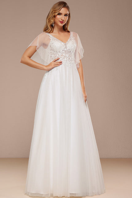 Robe Trapèze Blanche En Tulle Et Dentelle - gallery 4