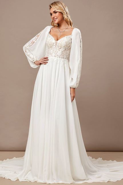 Robe Trapèze Blanche Dentelle Voile Balayage - gallery 3