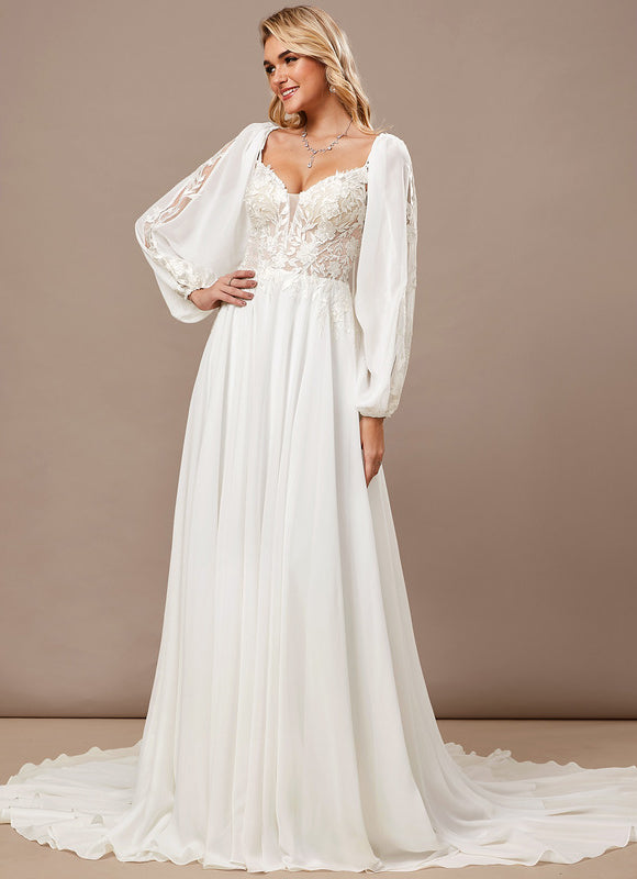 Robe Trapèze Blanche Dentelle Voile Balayage - gallery 3