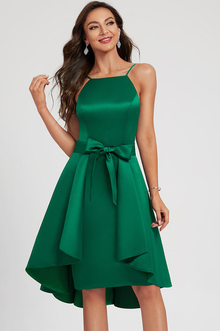 Robe Trapèze Vert Émeraude Satin Nœud Volants