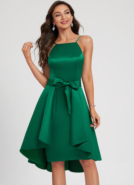 Robe Trapèze Vert Émeraude Satin Nœud Volants