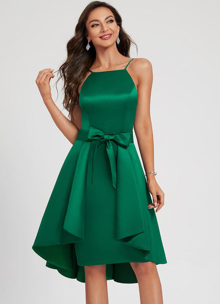 Robe Trapèze Vert Émeraude Satin Nœud Volants