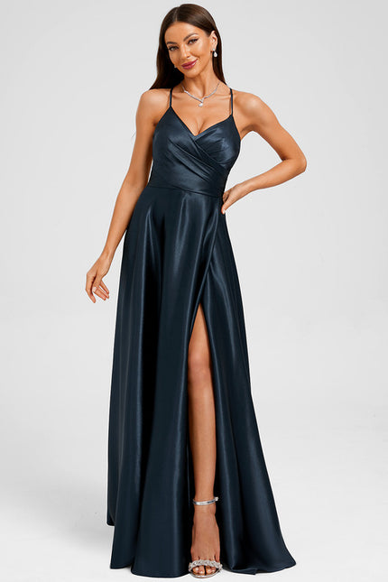 Robe Trapèze Satin Bleu Profond - gallery 2