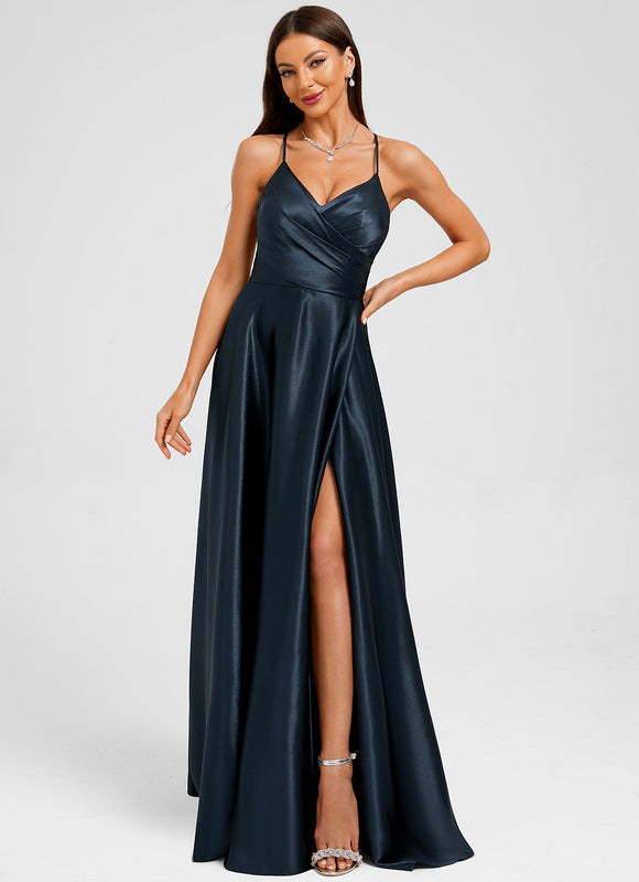 Robe Trapèze Satin Bleu Profond - gallery 2