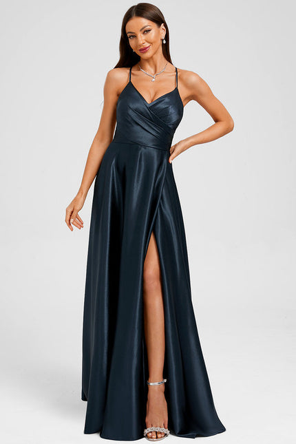 Robe Trapèze Satin Bleu Profond - gallery 2