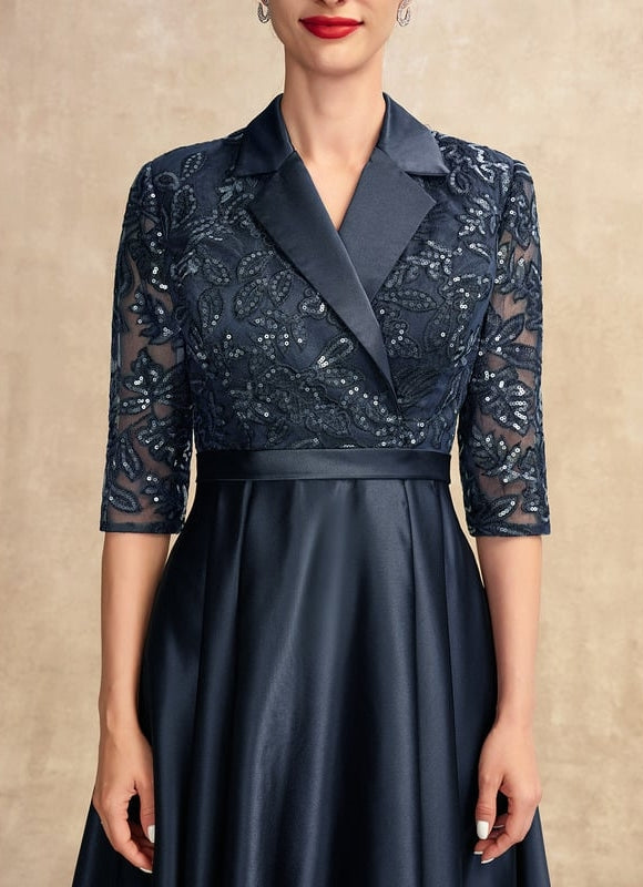 Robe Trapèze Bleue Satin Dentelle Paillettes - gallery 1