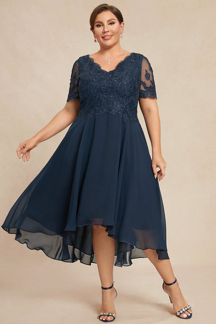 Robe Trapèze Bleu Marine Dentelle Mousseline - gallery 7