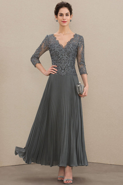 Robe Trapèze Gris Dentelle Mousseline Plissée - gallery 4