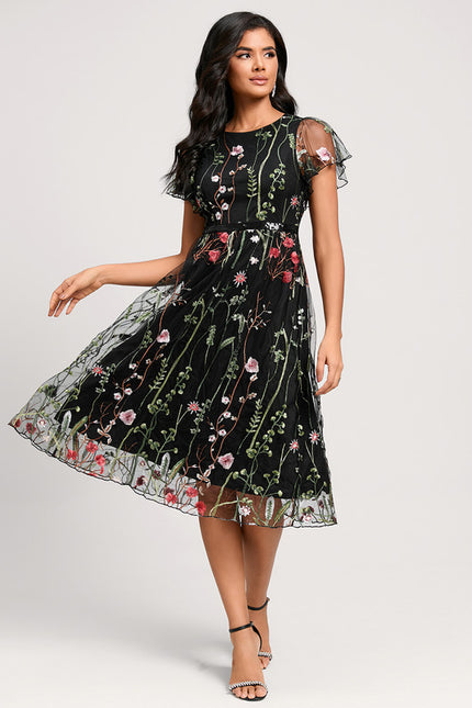 Robe Trapèze Noire À Fleurs - gallery 3