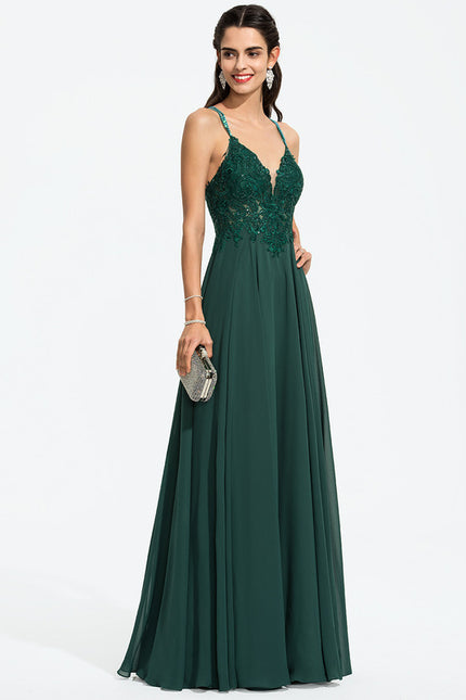 Robe Trapèze Verte En Mousseline Avec Perles Et Paillettes - gallery 8
