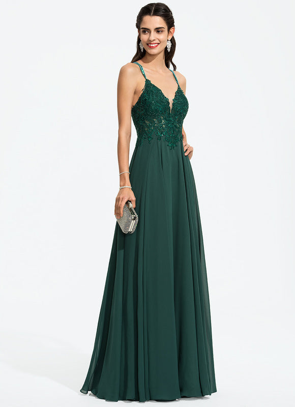 Robe Trapèze Verte En Mousseline Avec Perles Et Paillettes - gallery 8