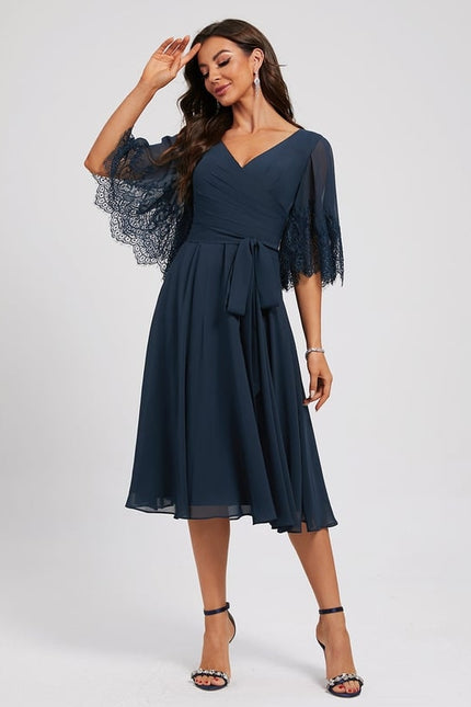 Robe Trapèze Bleue Marine Dentelle Mousseline - gallery 3
