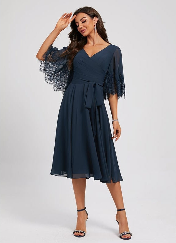 Robe Trapèze Bleue Marine Dentelle Mousseline - gallery 3