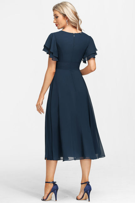 Robe Trapèze Bleu Marine Mousseline Volants - gallery 3
