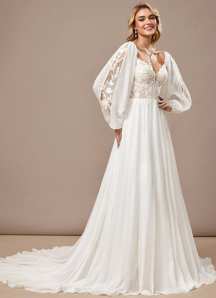 Robe Trapèze Blanche Dentelle Voile Balayage