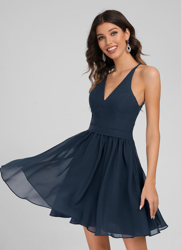 Robe Trapèze Bleue Marine Dentelle Mousseline