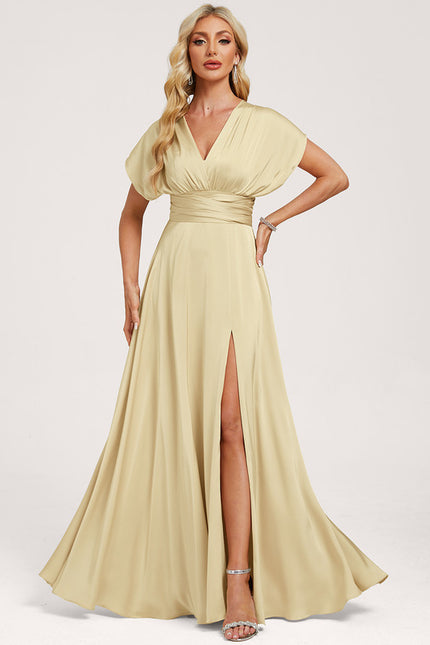 Robe Trapèze Beige Satin Décolleté Asymétrique - gallery 9