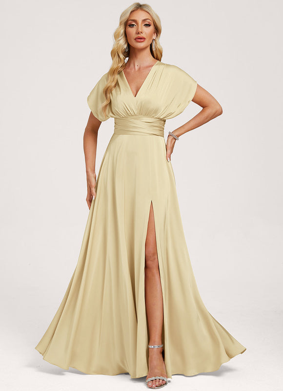 Robe Trapèze Beige Satin Décolleté Asymétrique - gallery 9