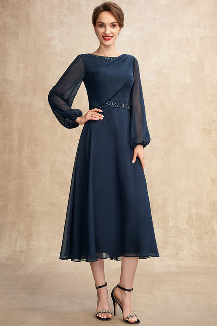 Robe Trapèze Bleu Marine Mousseline Plissée - gallery 6